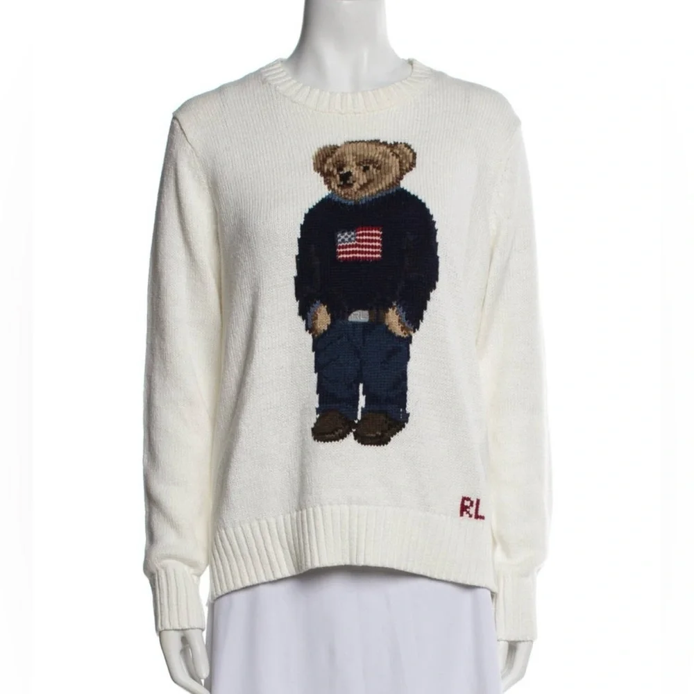 POLO RALPH LAUREN BEAR LINEN COTTON CREWNECK SWEATER IN DECKWASH WHITE MULTI - Picture 8 of 11